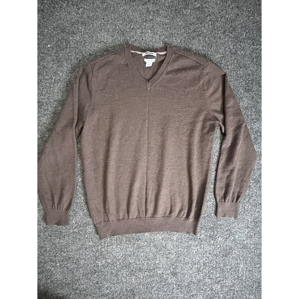 DKNY Sweater Men's Large Merino Wool Blend V-Neck Brown Lightweight Long Sleeve